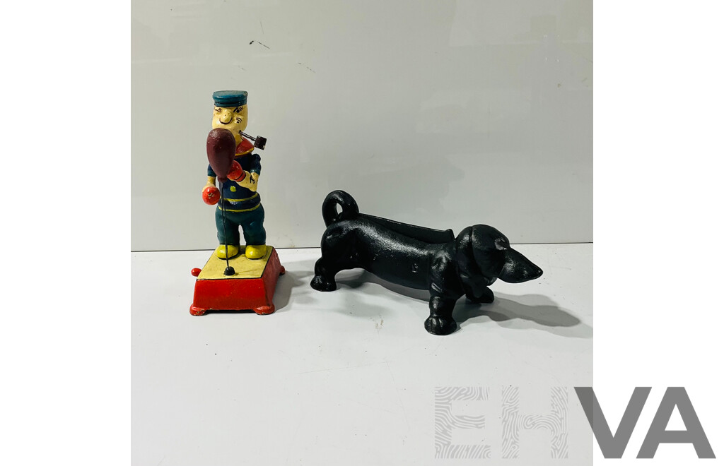 Cast Iron Reproduction Pop-eye Mechanical Boxing Statue and Cast Iron Reproduction Dog Door Stop