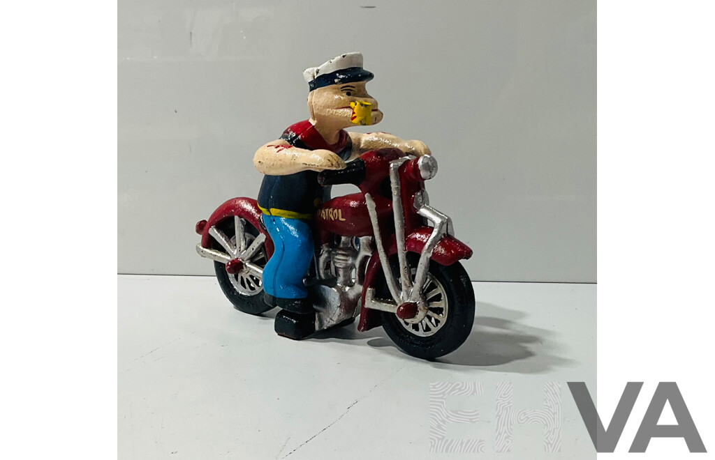 Cast Iron Painted Reproduction Popeyes Riding Bike Figure