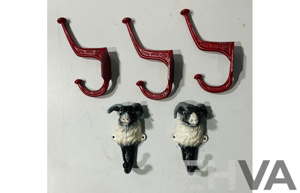 Collection of Five Cast Iron Coat Hooks Including Two Ram Form Hooks