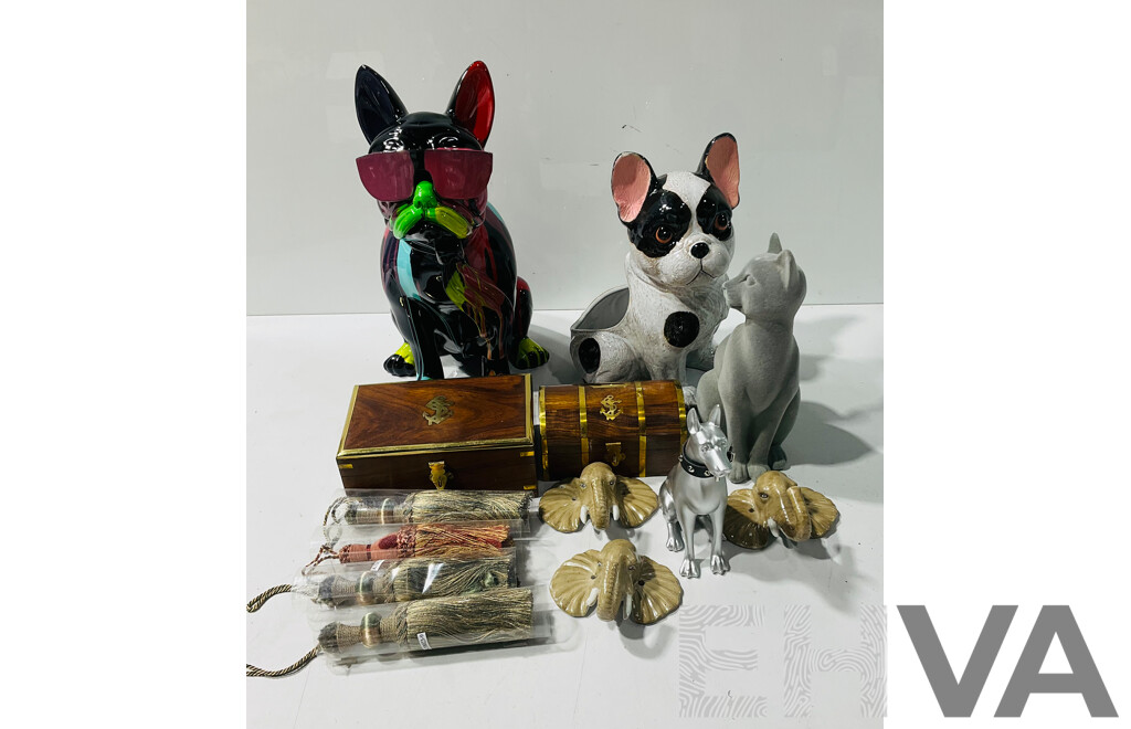 Collection of Decorative Homeware Including Nautical Themed Boxes, Ceramic Elephant Form Wall Hooks, Composite Dog Decorations and More