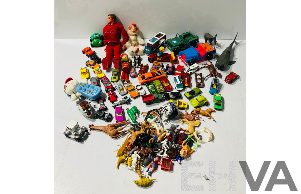 Large Collection of Vintage Toys Including Matchbox Cars, Plastic Animals and More
