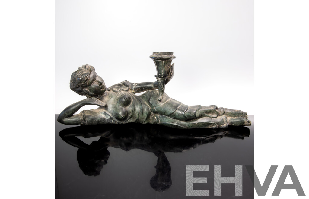 Contemporary Hollow Bronze Reclining Female Figure with Torchier