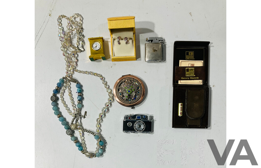 Collection of Costume Jewellery and Lighters Including Camera Shaped Novelty Lighter and More