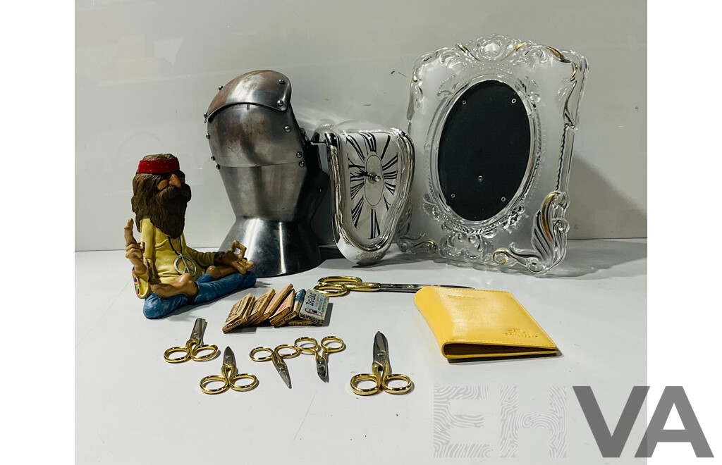 Collection of Interesting and Unique Homeware Including Dali-esque Clock, Replica Gauntlet, Several Fabric Scissors and More