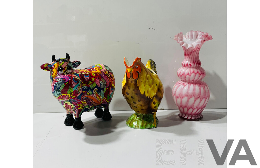 Collection of Interesting Homeware Including Novelty Money Box, Painted Ceramic Jug and Art Glass Vase