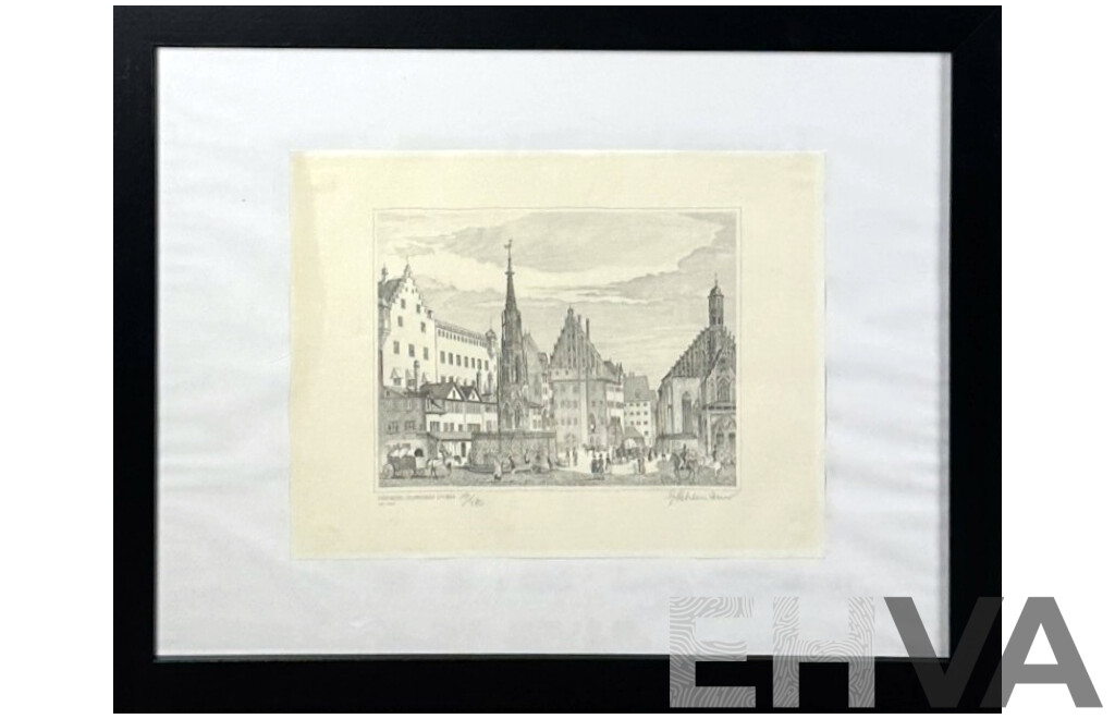 Artist Unknown, Nuremberg, Hauptmarkt  Um 1840, Limited Edition Offset Print of Original Engraving, 52 x 67 cm (frame)