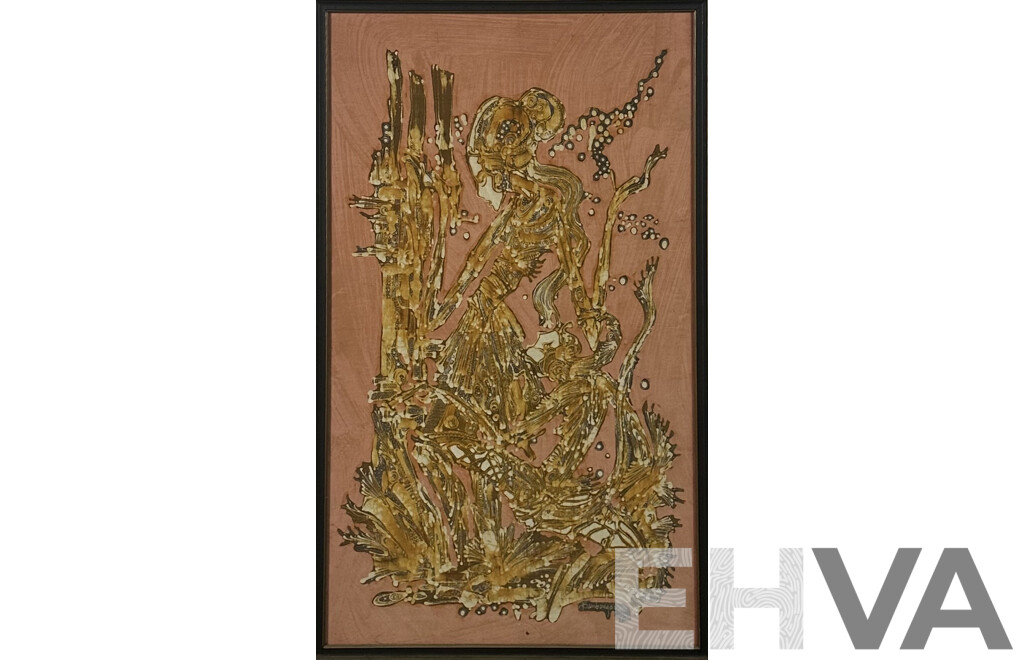 Bambang Oetoro, (20th Century, Indonesian, Working c70s), Abstract Dancing Girl, Vintage Batik on Cloth, 92 x 55.5 cm (frame)