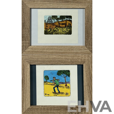 (Possibly) Attributed to Pro Hart (20th Century, Australian, 1928-2006), Abandoned Mine and The Trapper, Pair of Hand Coloured Line Etchings, 10 x 14 & 12 x 12 cms (images) (2)