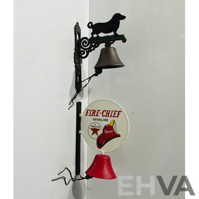 Pair of Cast Iron Reproduction Wall Mounted Bells Including Fire-chilli Gasoline Bell and Dog Themed Bell