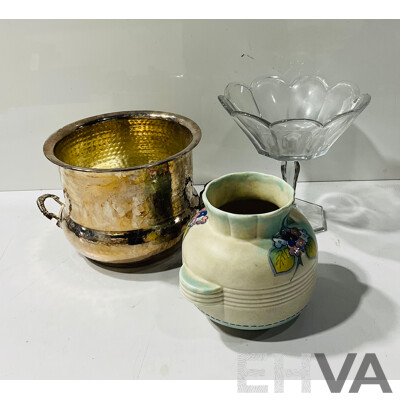 Collection of Decorative Items Including Ceramic Vase with Flower Design, Metal Dish and Raised Glass Serving Bowl