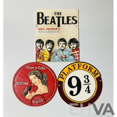 Collection of Three Reproduction Cast Iron Wall Signs Including Platform 9 3/4 Sign, Coca-cola Sign and the Beatles