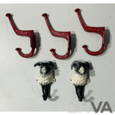 Collection of Five Cast Iron Coat Hooks Including Two Ram Form Hooks