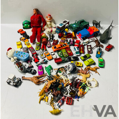 Large Collection of Vintage Toys Including Matchbox Cars, Plastic Animals and More