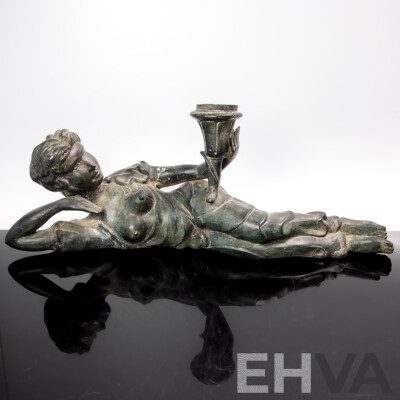 Contemporary Hollow Bronze Reclining Female Figure with Torchier