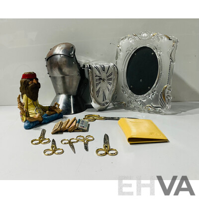 Collection of Interesting and Unique Homeware Including Dali-esque Clock, Replica Gauntlet, Several Fabric Scissors and More