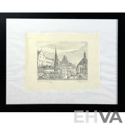 Artist Unknown, Nuremberg, Hauptmarkt  Um 1840, Limited Edition Offset Print of Original Engraving, 52 x 67 cm (frame)
