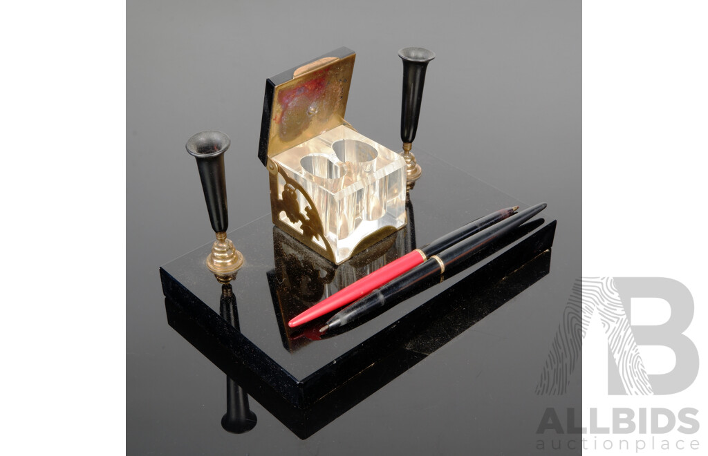 Vintage Desk Glass Inkwell and Pen Set on Black Marble Base