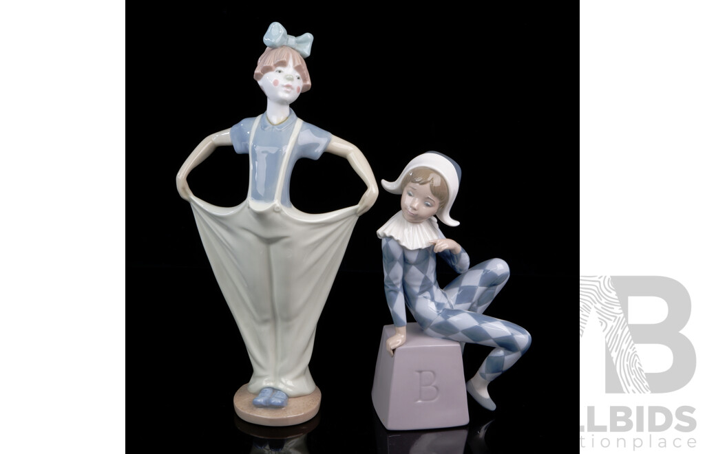 Lladro Porcelain Youthful Harlequin Figure Along with Nao Porcelain Clown Figure