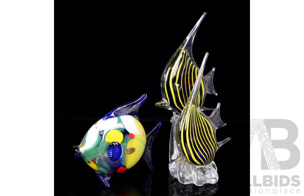 Art Glass Fish by Rikaro Along with Murano Style Glass Twin Angel Fish