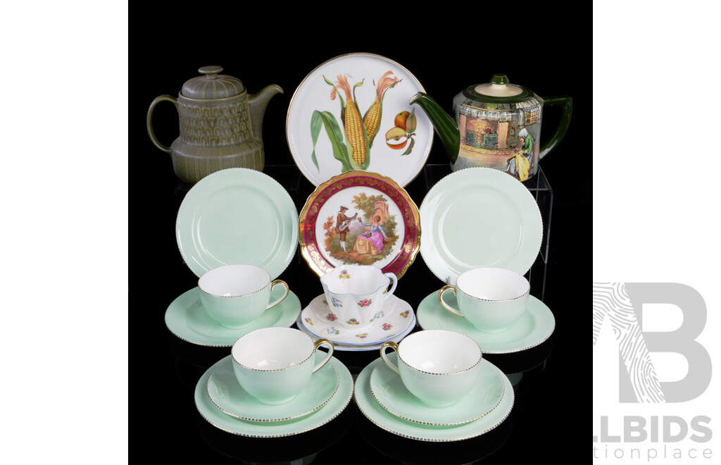 Collection Quality English Porcelain Comprising Royal Doulton Teapot, Wedgwood Teapot, Shelly Trio, Green Wedgwood 12 PIece Tea Set and Limoges Display Plate