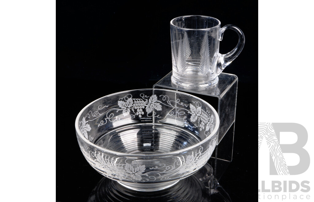 Vintage Stuart Crystal Serving Bowl with Etched Grape & Vine Design Along with Stuart Crystal Tankard