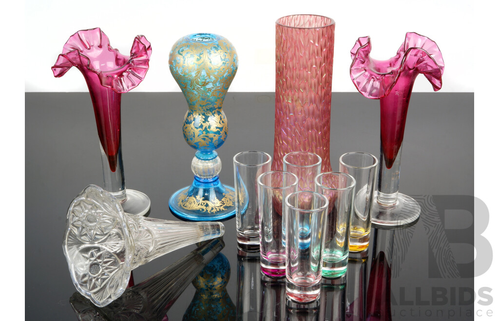 Collection Art & Other Glass Including Pair Red Trumpet Form Vases with Fluted Rims, Loetz Style Red Vase, Set Six Harlequin Shot Glasses and More