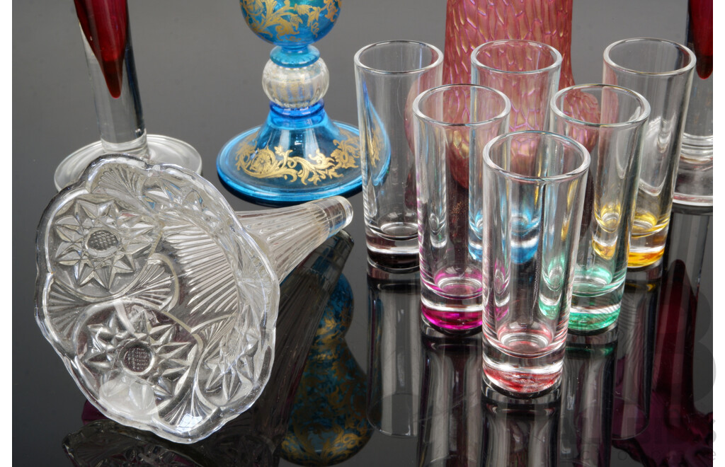 Collection Art & Other Glass Including Pair Red Trumpet Form Vases with Fluted Rims, Loetz Style Red Vase, Set Six Harlequin Shot Glasses and More