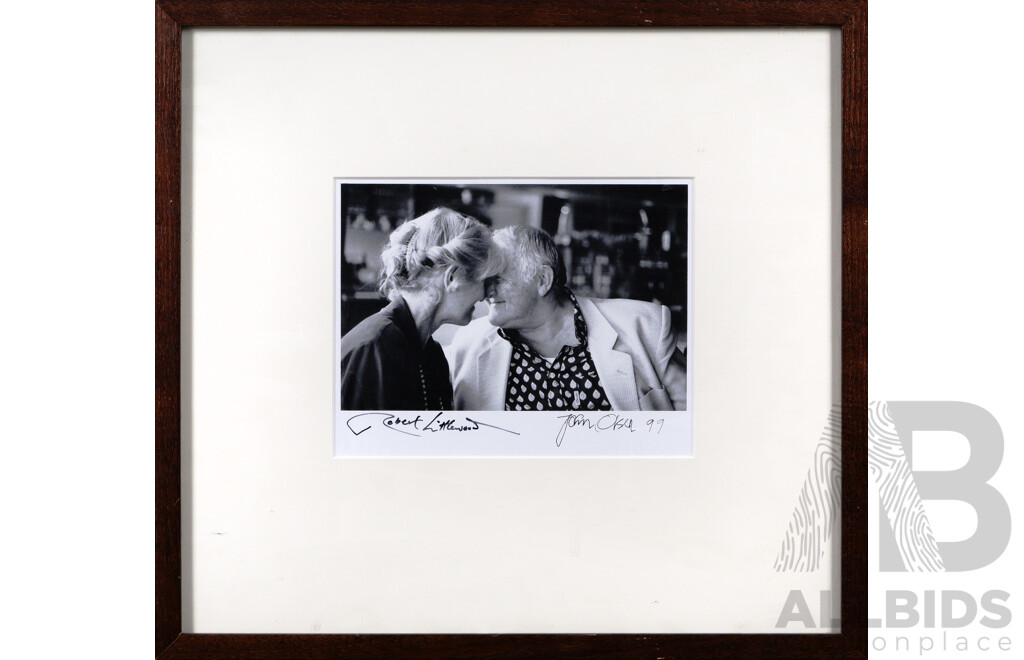 Robert Littlewood, (20th Century, British-Australian), Black and White Photograph of John Olsen and His Wife, Katherine Howard-Olsen, Signed by Robert Littlewood and John Olsen, 44 x 48 Cm (frame)