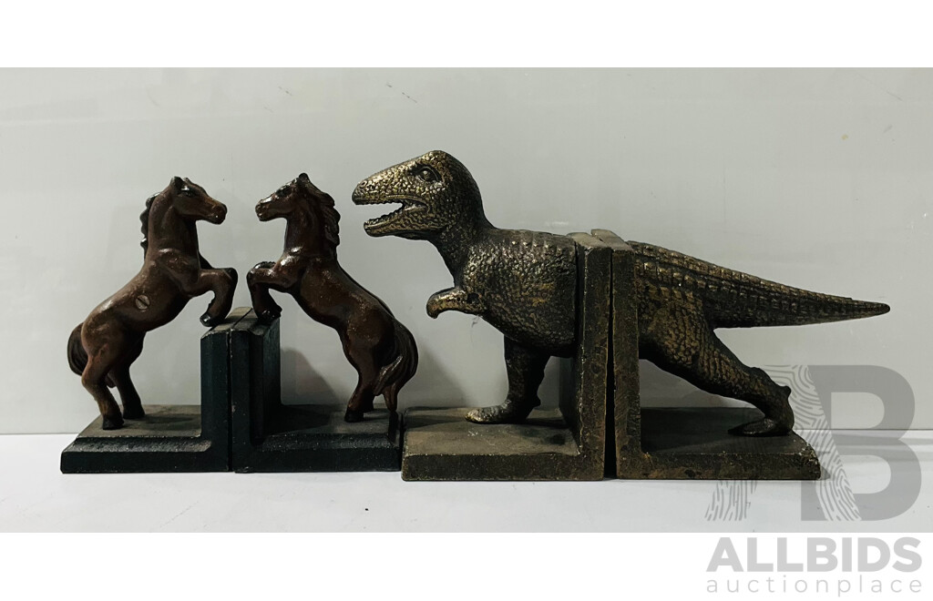 Reproduction Cast Iron Bookends Inc Rearing Horses and Dinosaur