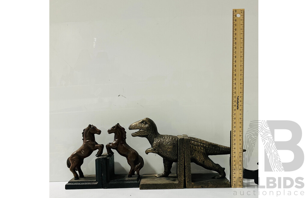 Reproduction Cast Iron Bookends Inc Rearing Horses and Dinosaur