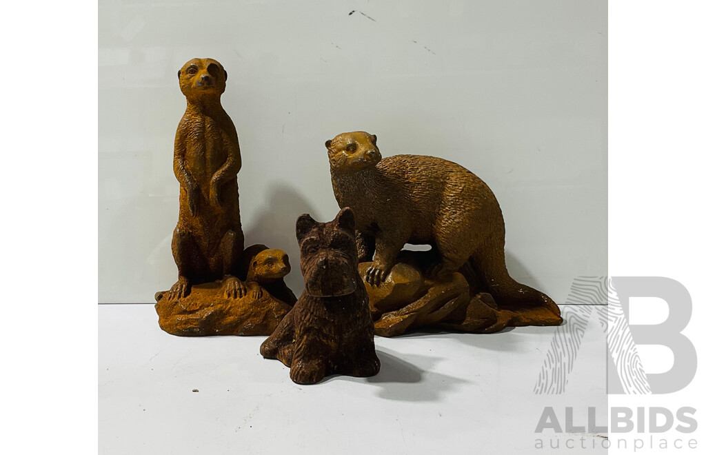 Collection of Three Cast Iron Animals Inc Meerkat, Otter and Scotty Dog