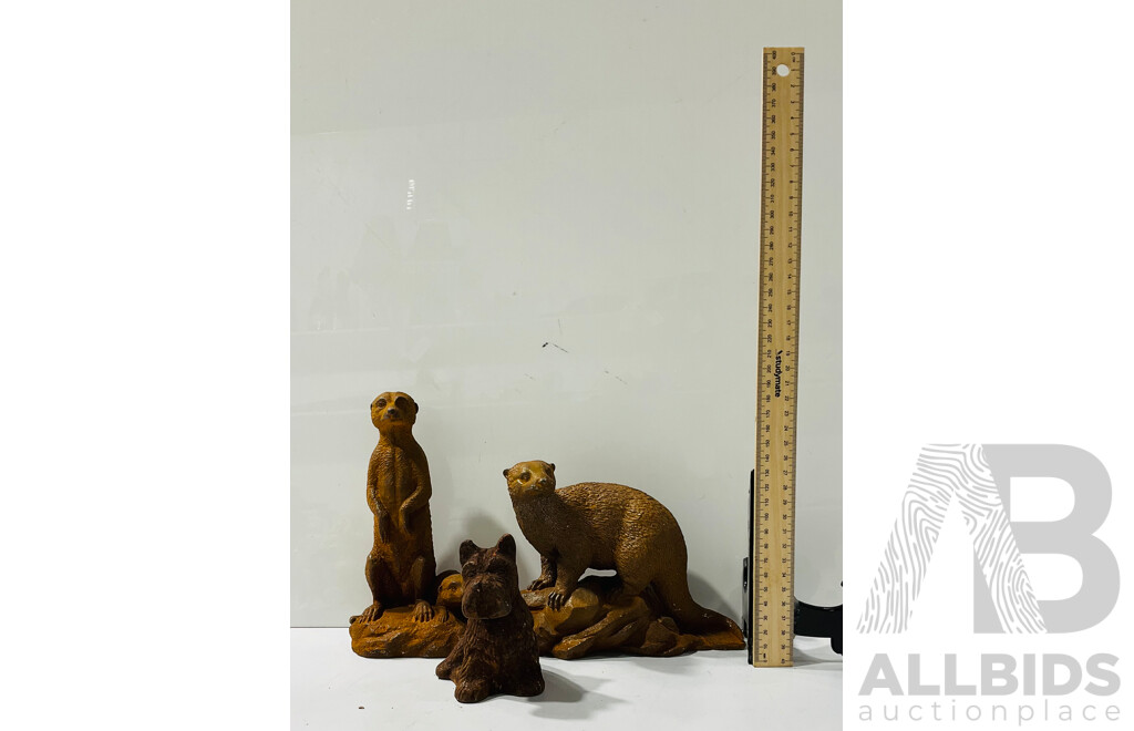 Collection of Three Cast Iron Animals Inc Meerkat, Otter and Scotty Dog