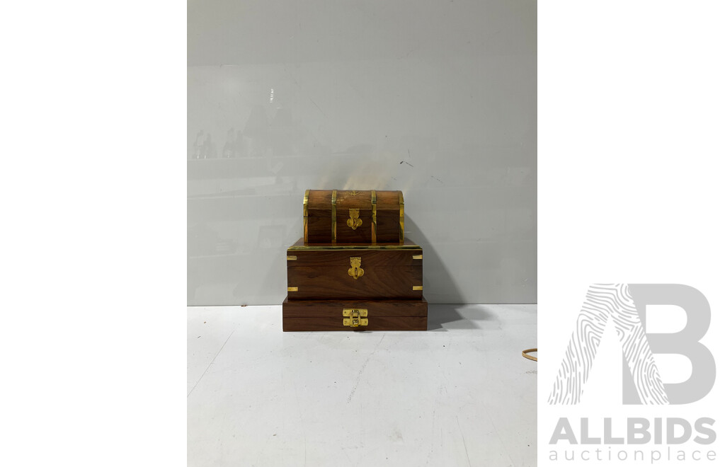 Collection of Three Brass Bound Small Boxes Inc Treasure Chest, Card Case and Sailors Box