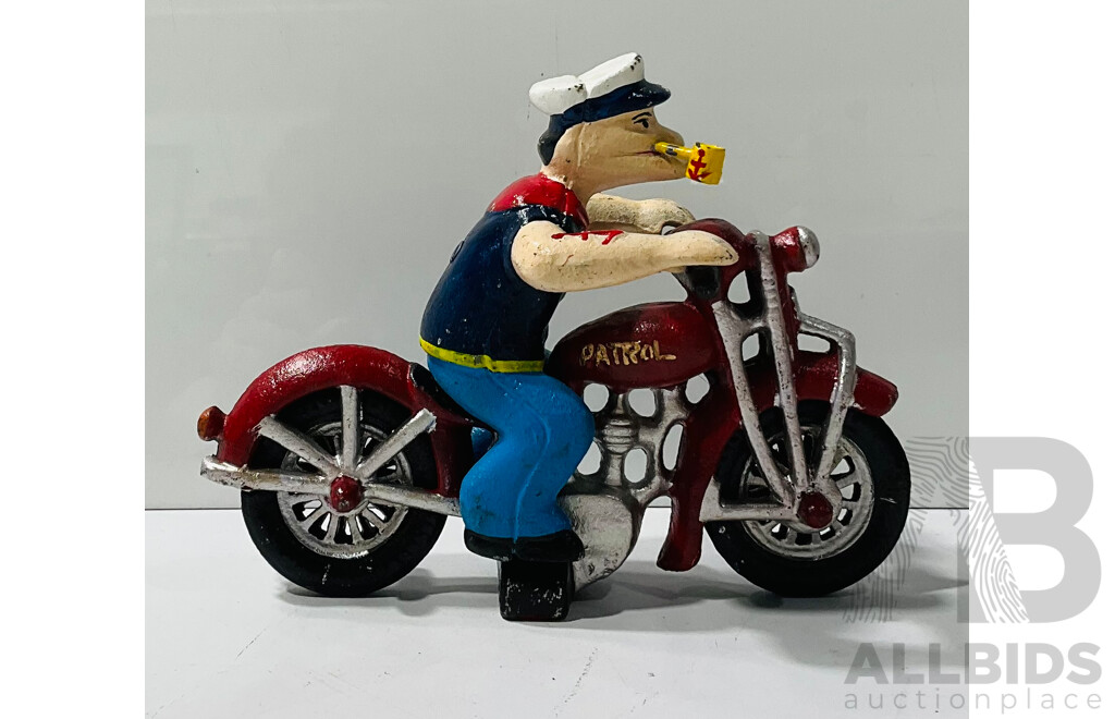 Reproduction Painted Cast Iron Popeye Figure on Motorbike