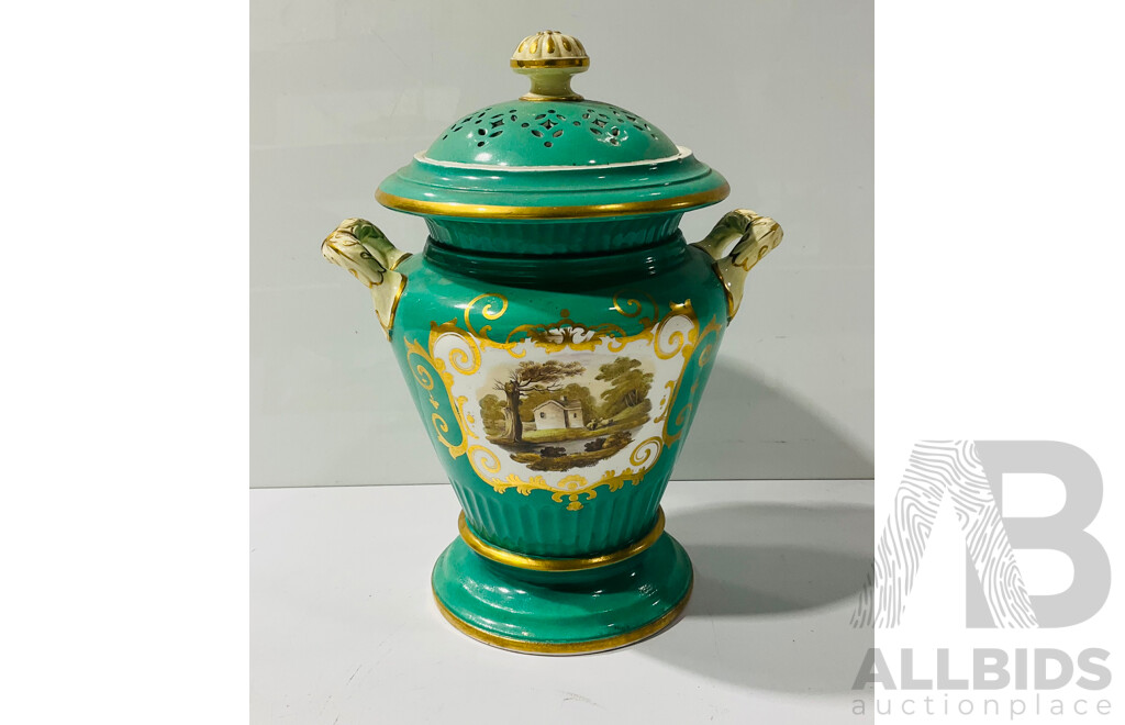 Decorative Ceramic Pot Depicting a House in the Woods