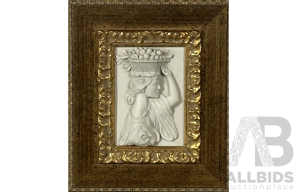 Pair of Ornately Framed Wall Reliefs, Madonna and Child and Lady with Basket on Head, 33 x 28 cm (frames); Alongside Norman Lindsay, Spring's Innocence, Reproduction Print, 34.5 x 42.5 cm (frame) (3)