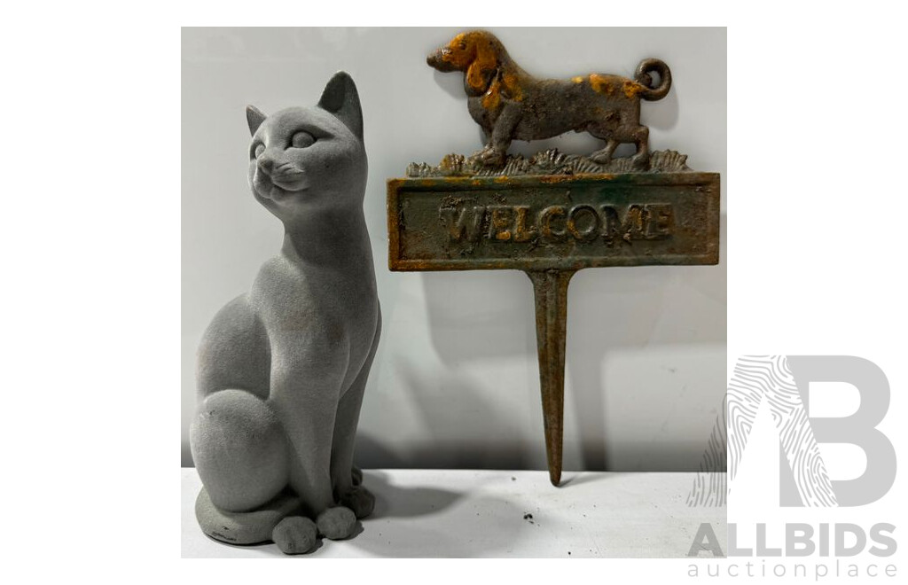 Grey Velvet Cat and Cast Iron Welcome Sign