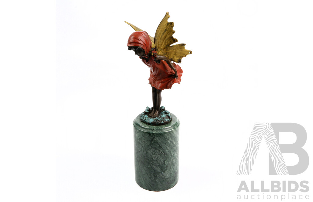 Cold Painted Bronze Fairie Figure on Green Marble Soccle