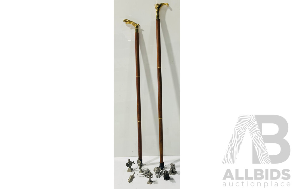 Pair of Wood and Metal Canes with Animal Form Handles and Collection of Small Metal Figures