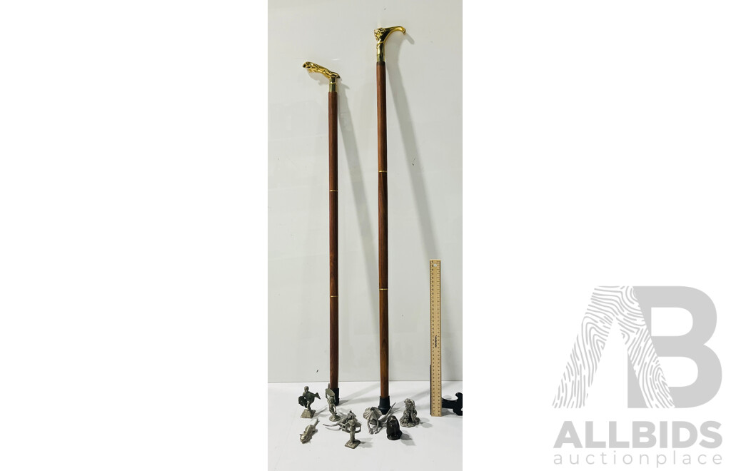 Pair of Wood and Metal Canes with Animal Form Handles and Collection of Small Metal Figures