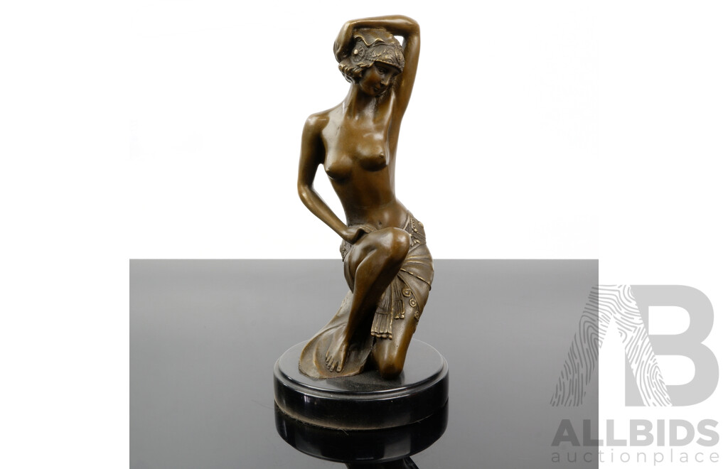 Bronze Naked Lady Figure on Black Marble Plinth, After Max Milo