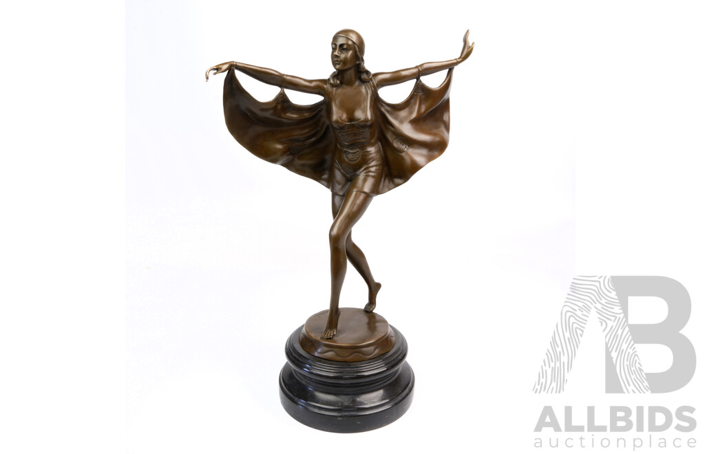 Bronze Bat Dancer Figure on Black Marble Plinth, Signed Otto Poertzel to Base