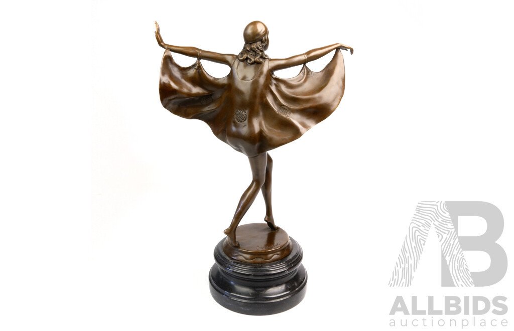 Bronze Bat Dancer Figure on Black Marble Plinth, Signed Otto Poertzel to Base