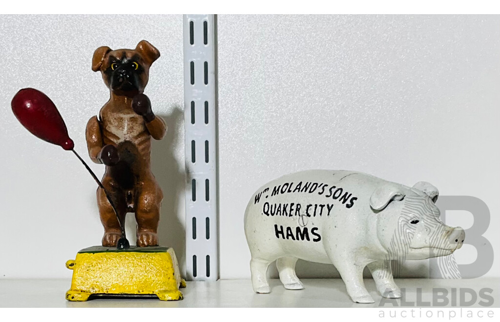 Reproduction Cast Iron Money Box and and Mechanical Boxing Dog