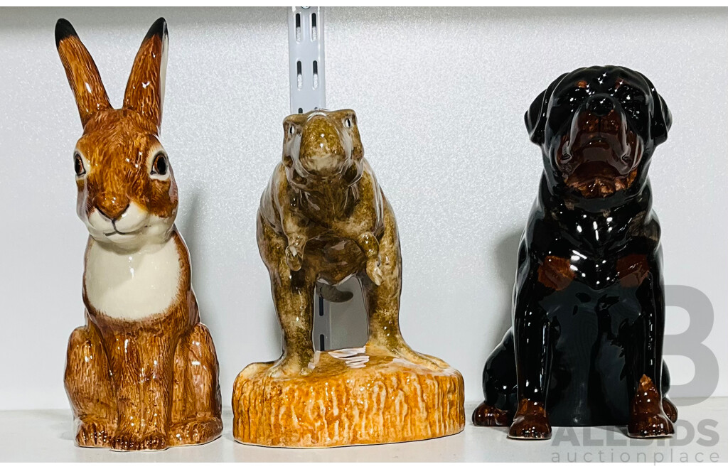 Collection of Three Ceramic Money Boxes in the Form of a Rabbit, a Dog and a Dinosaur