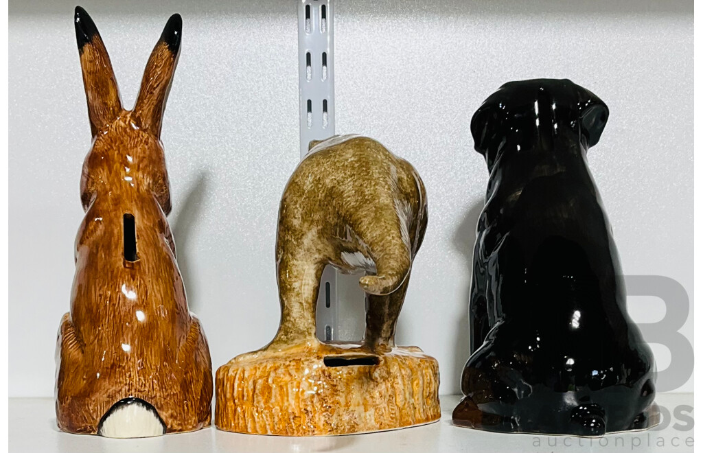 Collection of Three Ceramic Money Boxes in the Form of a Rabbit, a Dog and a Dinosaur