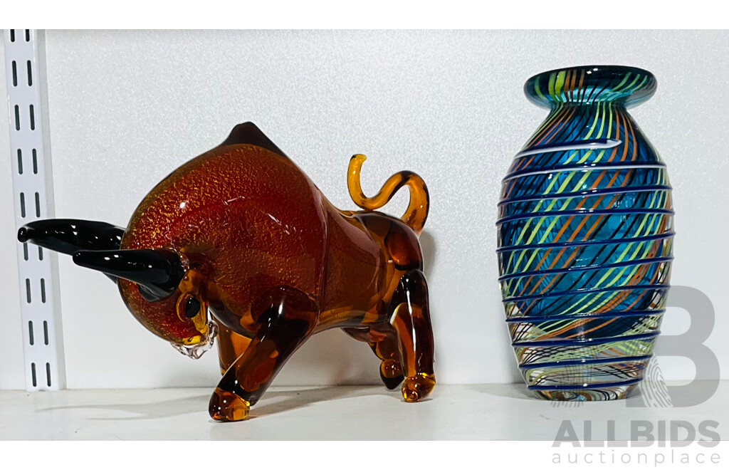 Art Glass Bull Statue and Interesting Art Glass Vase