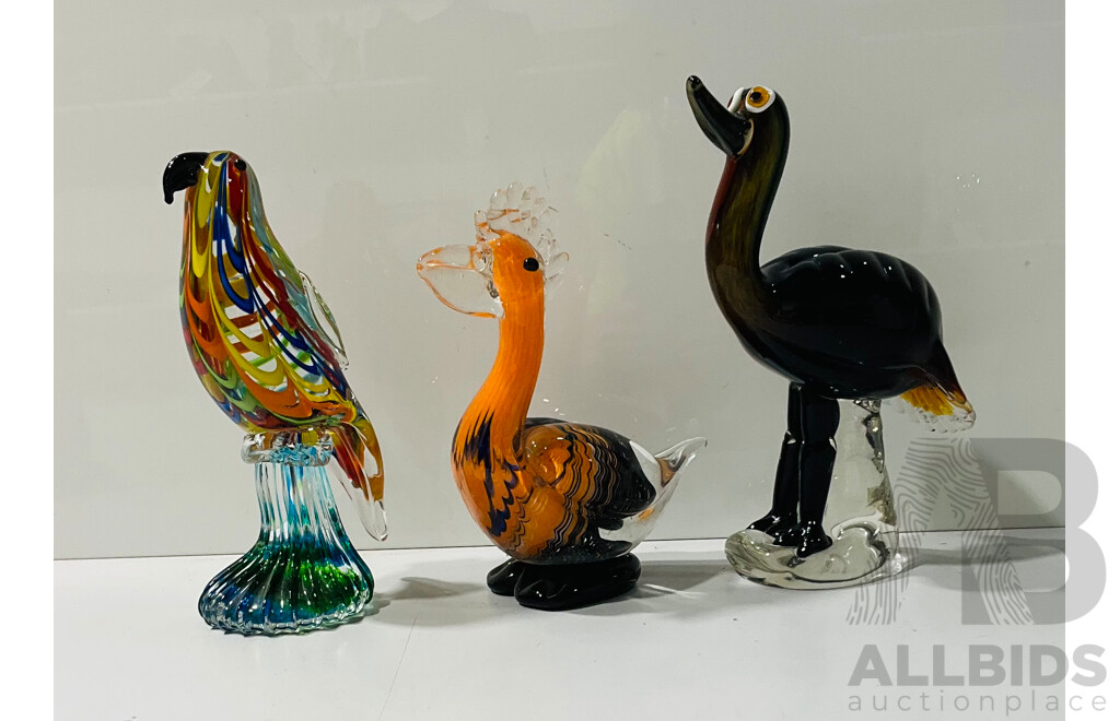 Collection of Three Bird Form Art Glass Statues