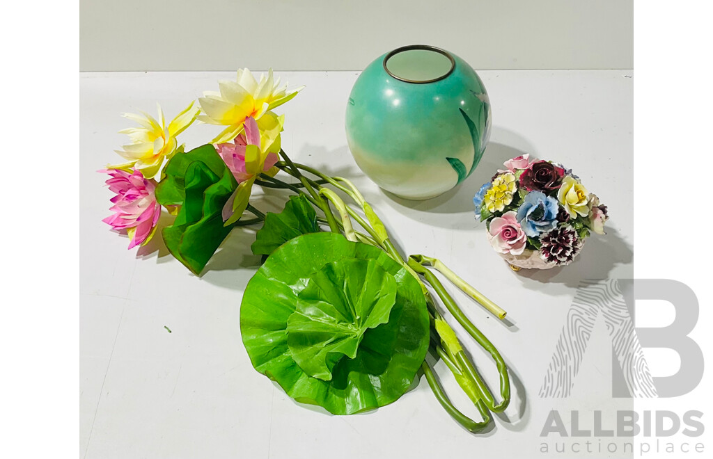 Collection of Floral Themed Homeware Including Vase, Metal and Plastic Fake Flowers and More