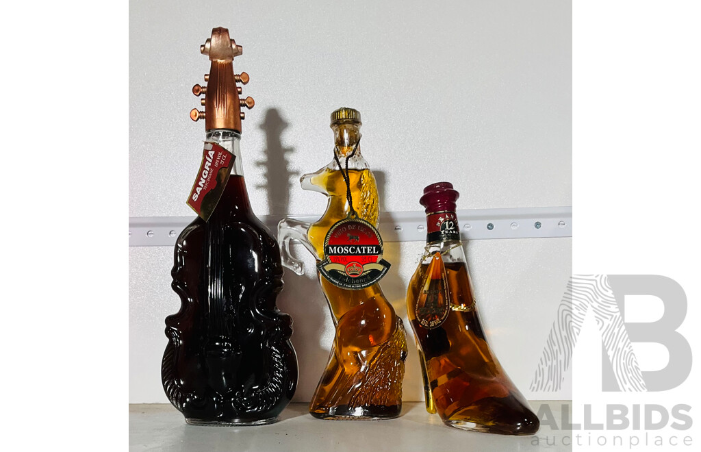 Collection of Three Interesting Shaped Bottles From Teichenne, Including Sangria, Moscatel and Brandy